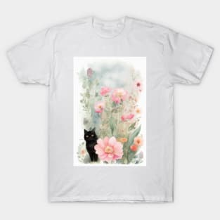 Black Cat  in the Flower Garden Soft Pastel Colours T-Shirt